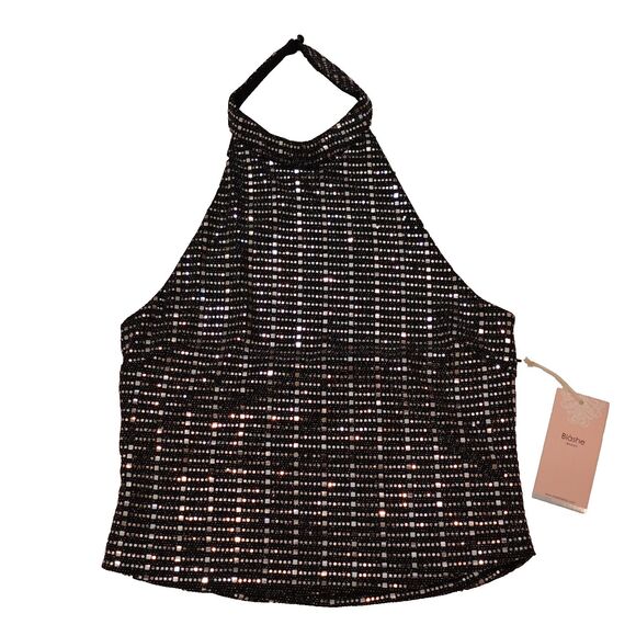 Blashe Tops - NWT Blashe Sequin Sparkly Halter Top Large Black Silver Festival Club Concert
